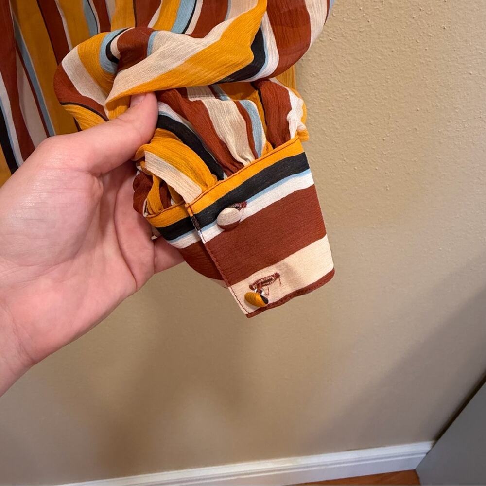 Frame Silk Yellow Tan Striped Overized Retro Button Front Long Sleeve Blouse XS - Picture 6 of 13